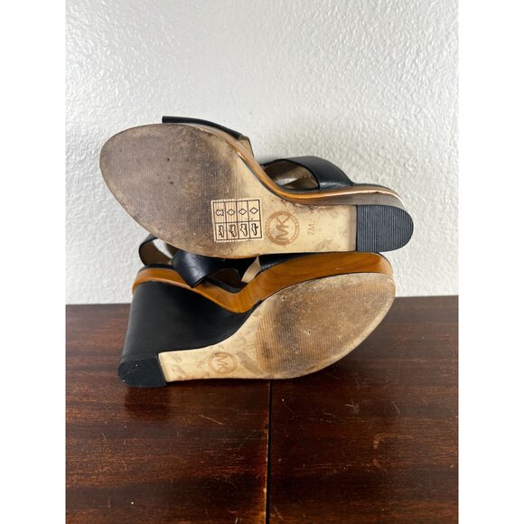 Michael Kors Josephine Sandal Womens 7M Black Platform Wedge Leather Wood Peep T - Picture 11 of 11